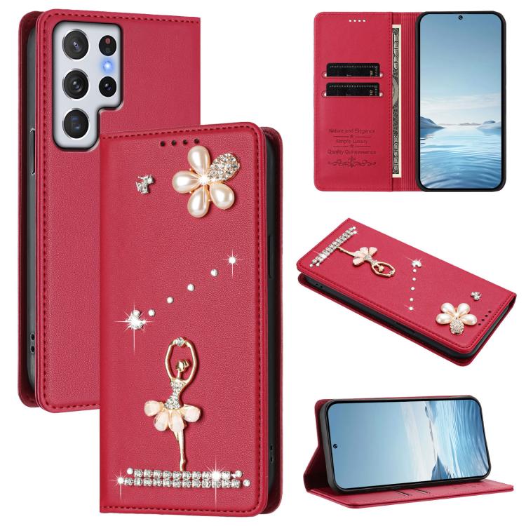 Ballet Girl Diamond Studded RFID Vegan Leather Phone Case, For Samsung Galaxy S23 Ultra 5G, For Samsung Galaxy S23+ 5G, For Samsung Galaxy S23 5G, For Samsung Galaxy S22 Ultra 5G, For Samsung Galaxy S22+ 5G, For Samsung Galaxy S22 5G