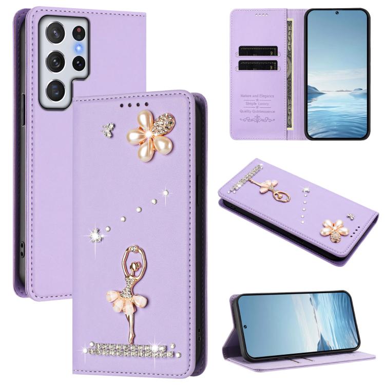 Ballet Girl Diamond Studded RFID Vegan Leather Phone Case, For Samsung Galaxy S23 Ultra 5G, For Samsung Galaxy S23+ 5G, For Samsung Galaxy S23 5G, For Samsung Galaxy S22 Ultra 5G, For Samsung Galaxy S22+ 5G, For Samsung Galaxy S22 5G