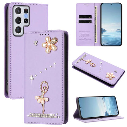 Ballet Girl Diamond Studded RFID Vegan Leather Phone Case, For Samsung Galaxy S23 Ultra 5G, For Samsung Galaxy S23+ 5G, For Samsung Galaxy S23 5G, For Samsung Galaxy S22 Ultra 5G, For Samsung Galaxy S22+ 5G, For Samsung Galaxy S22 5G