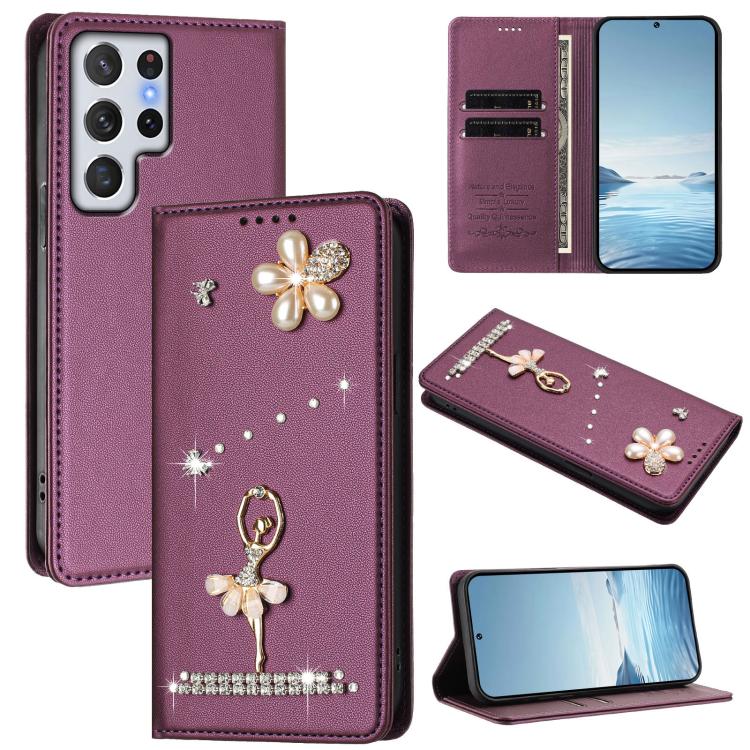 Ballet Girl Diamond Studded RFID Vegan Leather Phone Case, For Samsung Galaxy S23 Ultra 5G, For Samsung Galaxy S23+ 5G, For Samsung Galaxy S23 5G, For Samsung Galaxy S22 Ultra 5G, For Samsung Galaxy S22+ 5G, For Samsung Galaxy S22 5G