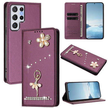 Ballet Girl Diamond Studded RFID Vegan Leather Phone Case, For Samsung Galaxy S23 Ultra 5G, For Samsung Galaxy S23+ 5G, For Samsung Galaxy S23 5G, For Samsung Galaxy S22 Ultra 5G, For Samsung Galaxy S22+ 5G, For Samsung Galaxy S22 5G