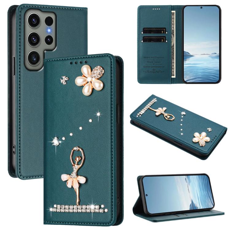 Ballet Girl Diamond Studded RFID Vegan Leather Phone Case, For Samsung Galaxy S23 Ultra 5G, For Samsung Galaxy S23+ 5G, For Samsung Galaxy S23 5G, For Samsung Galaxy S22 Ultra 5G, For Samsung Galaxy S22+ 5G, For Samsung Galaxy S22 5G