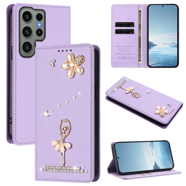 Ballet Girl Diamond Studded RFID Vegan Leather Phone Case, For Samsung Galaxy S23 Ultra 5G, For Samsung Galaxy S23+ 5G, For Samsung Galaxy S23 5G, For Samsung Galaxy S22 Ultra 5G, For Samsung Galaxy S22+ 5G, For Samsung Galaxy S22 5G