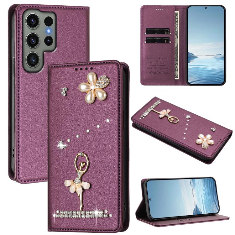 Ballet Girl Diamond Studded RFID Vegan Leather Phone Case, For Samsung Galaxy S23 Ultra 5G, For Samsung Galaxy S23+ 5G, For Samsung Galaxy S23 5G, For Samsung Galaxy S22 Ultra 5G, For Samsung Galaxy S22+ 5G, For Samsung Galaxy S22 5G