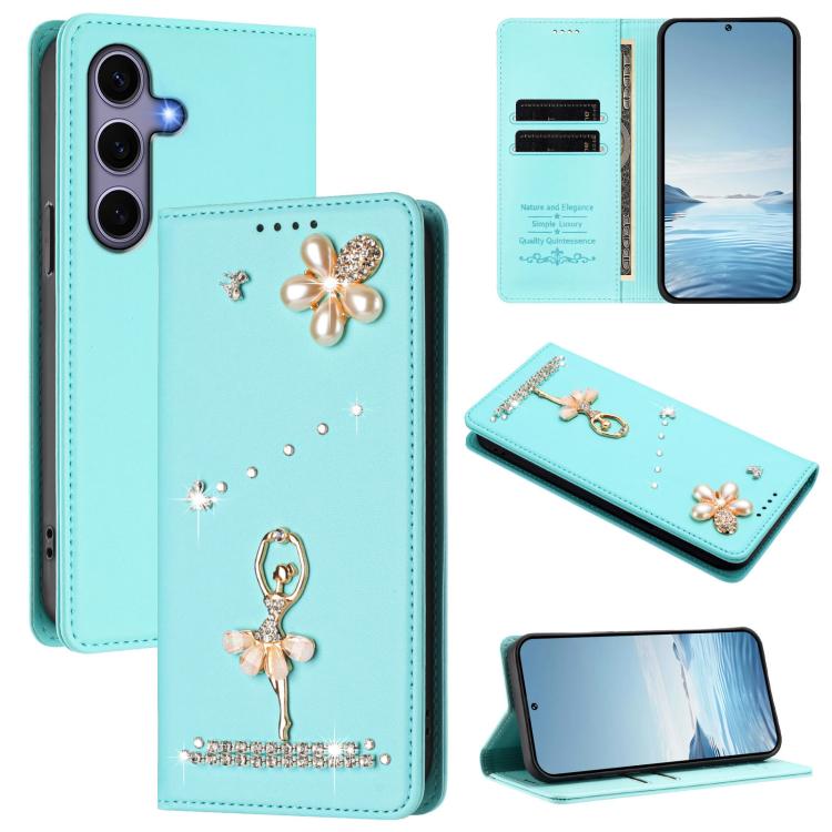 Ballet Girl Diamond Studded RFID Vegan Leather Phone Case, For Samsung Galaxy S25 / S24 5G, For Samsung Galaxy S25+ / S24+ 5G, For Samsung Galaxy S25 Ultra 5G, For Samsung Galaxy S24 FE 5G, For Samsung Galaxy S24 Ultra 5G, For Samsung Galaxy S23 FE 5G
