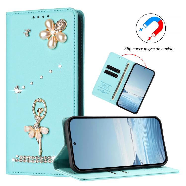Ballet Girl Diamond Studded RFID Vegan Leather Phone Case, For Samsung Galaxy S25 / S24 5G, For Samsung Galaxy S25+ / S24+ 5G, For Samsung Galaxy S25 Ultra 5G, For Samsung Galaxy S24 FE 5G, For Samsung Galaxy S24 Ultra 5G, For Samsung Galaxy S23 FE 5G