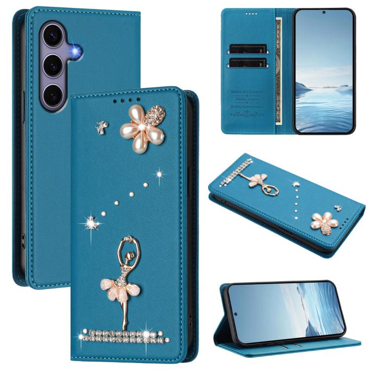 Ballet Girl Diamond Studded RFID Vegan Leather Phone Case, For Samsung Galaxy S25 / S24 5G, For Samsung Galaxy S25+ / S24+ 5G, For Samsung Galaxy S25 Ultra 5G, For Samsung Galaxy S24 FE 5G, For Samsung Galaxy S24 Ultra 5G, For Samsung Galaxy S23 FE 5G