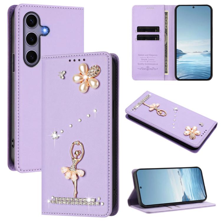 Ballet Girl Diamond Studded RFID Vegan Leather Phone Case, For Samsung Galaxy S25 / S24 5G, For Samsung Galaxy S25+ / S24+ 5G, For Samsung Galaxy S25 Ultra 5G, For Samsung Galaxy S24 FE 5G, For Samsung Galaxy S24 Ultra 5G, For Samsung Galaxy S23 FE 5G
