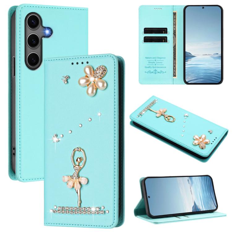 Ballet Girl Diamond Studded RFID Vegan Leather Phone Case, For Samsung Galaxy S25 / S24 5G, For Samsung Galaxy S25+ / S24+ 5G, For Samsung Galaxy S25 Ultra 5G, For Samsung Galaxy S24 FE 5G, For Samsung Galaxy S24 Ultra 5G, For Samsung Galaxy S23 FE 5G