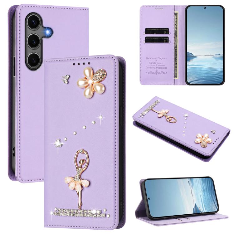 Ballet Girl Diamond Studded RFID Vegan Leather Phone Case, For Samsung Galaxy S25 / S24 5G, For Samsung Galaxy S25+ / S24+ 5G, For Samsung Galaxy S25 Ultra 5G, For Samsung Galaxy S24 FE 5G, For Samsung Galaxy S24 Ultra 5G, For Samsung Galaxy S23 FE 5G