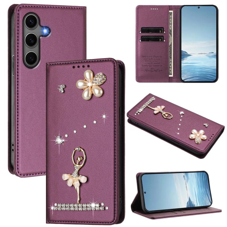 Ballet Girl Diamond Studded RFID Vegan Leather Phone Case, For Samsung Galaxy S25 / S24 5G, For Samsung Galaxy S25+ / S24+ 5G, For Samsung Galaxy S25 Ultra 5G, For Samsung Galaxy S24 FE 5G, For Samsung Galaxy S24 Ultra 5G, For Samsung Galaxy S23 FE 5G