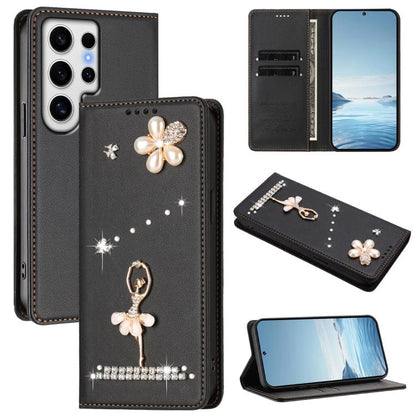 Ballet Girl Diamond Studded RFID Vegan Leather Phone Case, For Samsung Galaxy S25 / S24 5G, For Samsung Galaxy S25+ / S24+ 5G, For Samsung Galaxy S25 Ultra 5G, For Samsung Galaxy S24 FE 5G, For Samsung Galaxy S24 Ultra 5G, For Samsung Galaxy S23 FE 5G
