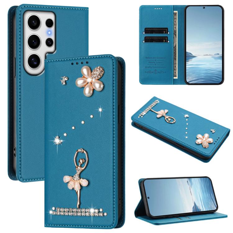 Ballet Girl Diamond Studded RFID Vegan Leather Phone Case, For Samsung Galaxy S25 / S24 5G, For Samsung Galaxy S25+ / S24+ 5G, For Samsung Galaxy S25 Ultra 5G, For Samsung Galaxy S24 FE 5G, For Samsung Galaxy S24 Ultra 5G, For Samsung Galaxy S23 FE 5G
