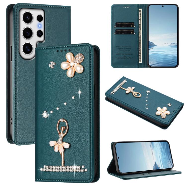 Ballet Girl Diamond Studded RFID Vegan Leather Phone Case, For Samsung Galaxy S25 / S24 5G, For Samsung Galaxy S25+ / S24+ 5G, For Samsung Galaxy S25 Ultra 5G, For Samsung Galaxy S24 FE 5G, For Samsung Galaxy S24 Ultra 5G, For Samsung Galaxy S23 FE 5G