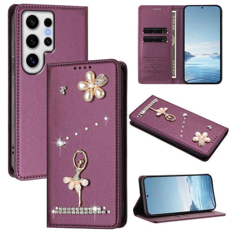 Ballet Girl Diamond Studded RFID Vegan Leather Phone Case, For Samsung Galaxy S25 / S24 5G, For Samsung Galaxy S25+ / S24+ 5G, For Samsung Galaxy S25 Ultra 5G, For Samsung Galaxy S24 FE 5G, For Samsung Galaxy S24 Ultra 5G, For Samsung Galaxy S23 FE 5G