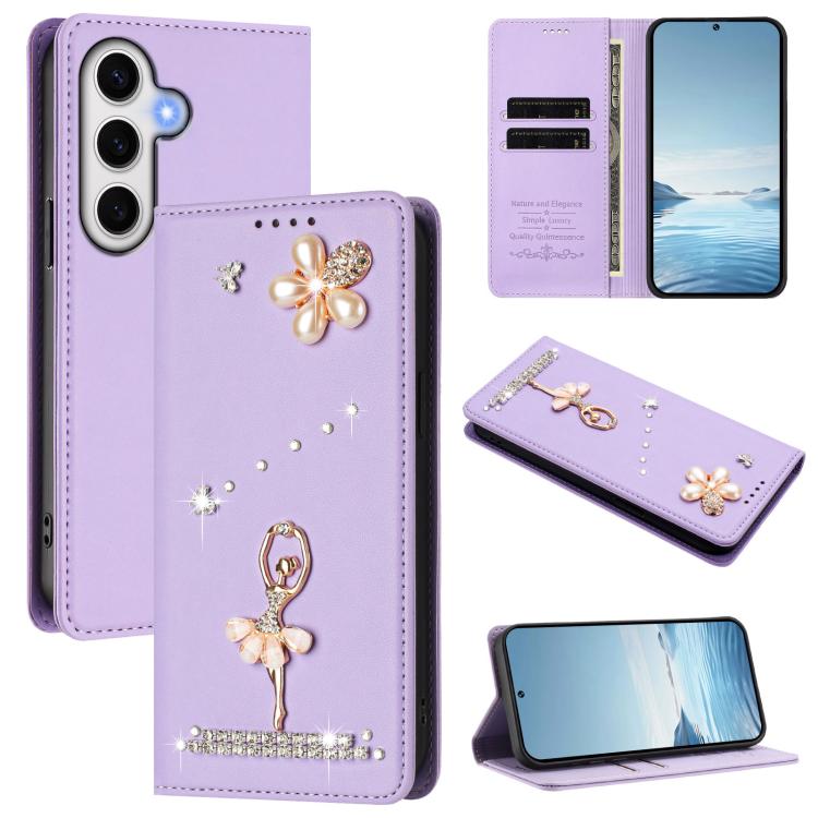Ballet Girl Diamond Studded RFID Vegan Leather Phone Case, For Samsung Galaxy S25 / S24 5G, For Samsung Galaxy S25+ / S24+ 5G, For Samsung Galaxy S25 Ultra 5G, For Samsung Galaxy S24 FE 5G, For Samsung Galaxy S24 Ultra 5G, For Samsung Galaxy S23 FE 5G