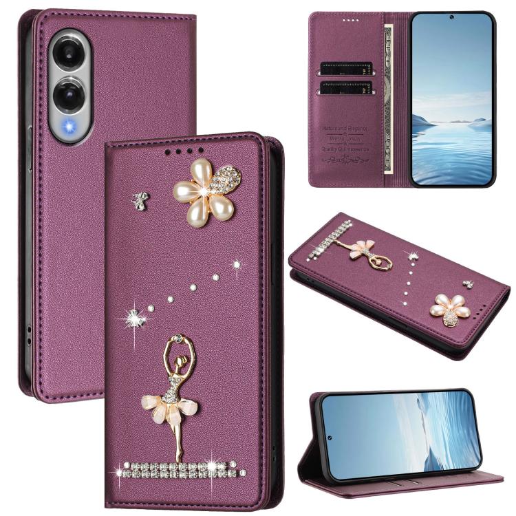 Ballet Girl Diamond Studded RFID Vegan Leather Phone Case, For Samsung Galaxy S26+ 5G, For Samsung Galaxy S26 Edge 5G, For Samsung Galaxy S26 Ultra 5G, For Samsung Galaxy S26 5G, For Samsung Galaxy S25 FE 5G, For Samsung Galaxy S25 Edge 5G