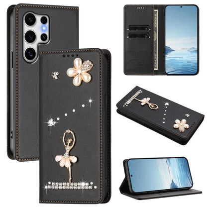 Ballet Girl Diamond Studded RFID Vegan Leather Phone Case, For Samsung Galaxy S25 / S24 5G, For Samsung Galaxy S25+ / S24+ 5G, For Samsung Galaxy S25 Ultra 5G, For Samsung Galaxy S24 FE 5G, For Samsung Galaxy S24 Ultra 5G, For Samsung Galaxy S23 FE 5G