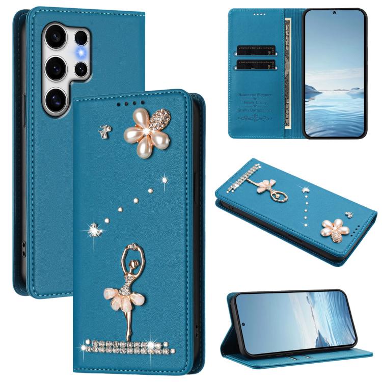 Ballet Girl Diamond Studded RFID Vegan Leather Phone Case, For Samsung Galaxy S25 / S24 5G, For Samsung Galaxy S25+ / S24+ 5G, For Samsung Galaxy S25 Ultra 5G, For Samsung Galaxy S24 FE 5G, For Samsung Galaxy S24 Ultra 5G, For Samsung Galaxy S23 FE 5G