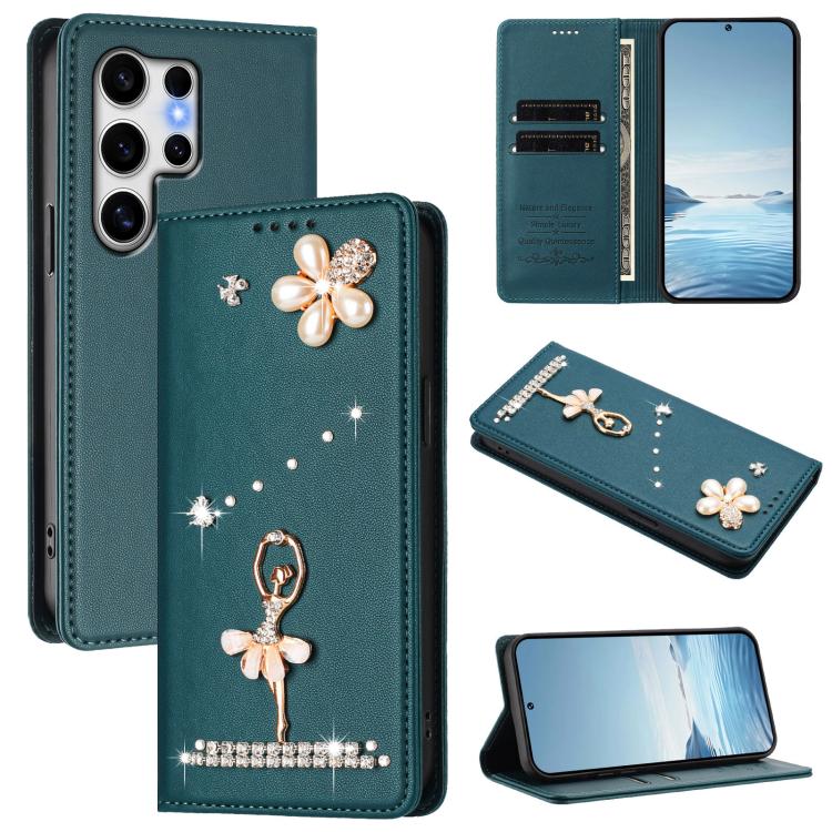 Ballet Girl Diamond Studded RFID Vegan Leather Phone Case, For Samsung Galaxy S25 / S24 5G, For Samsung Galaxy S25+ / S24+ 5G, For Samsung Galaxy S25 Ultra 5G, For Samsung Galaxy S24 FE 5G, For Samsung Galaxy S24 Ultra 5G, For Samsung Galaxy S23 FE 5G