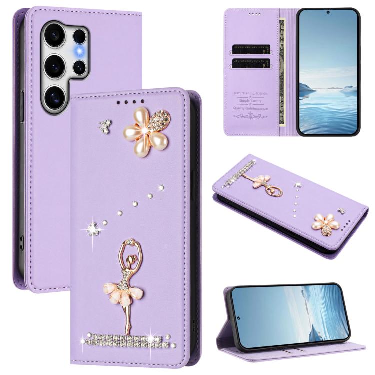 Ballet Girl Diamond Studded RFID Vegan Leather Phone Case, For Samsung Galaxy S25 / S24 5G, For Samsung Galaxy S25+ / S24+ 5G, For Samsung Galaxy S25 Ultra 5G, For Samsung Galaxy S24 FE 5G, For Samsung Galaxy S24 Ultra 5G, For Samsung Galaxy S23 FE 5G