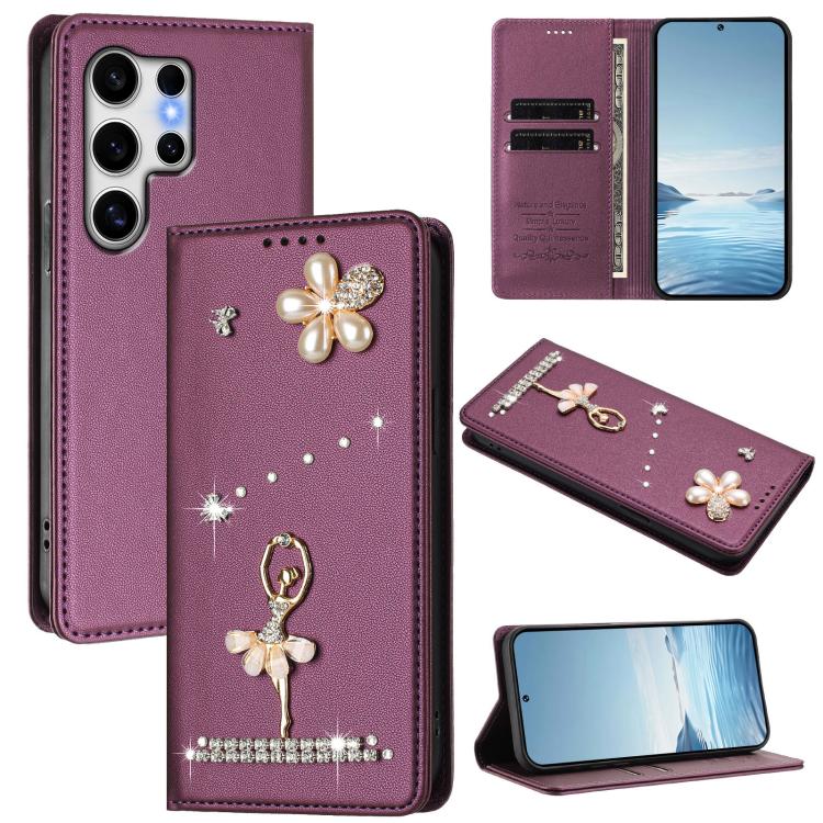 Ballet Girl Diamond Studded RFID Vegan Leather Phone Case, For Samsung Galaxy S25 / S24 5G, For Samsung Galaxy S25+ / S24+ 5G, For Samsung Galaxy S25 Ultra 5G, For Samsung Galaxy S24 FE 5G, For Samsung Galaxy S24 Ultra 5G, For Samsung Galaxy S23 FE 5G