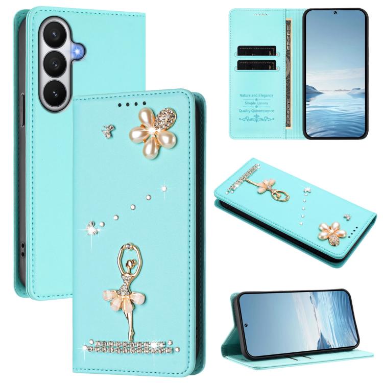 Ballet Girl Diamond Studded RFID Vegan Leather Phone Case, For Samsung Galaxy S26+ 5G, For Samsung Galaxy S26 Edge 5G, For Samsung Galaxy S26 Ultra 5G, For Samsung Galaxy S26 5G, For Samsung Galaxy S25 FE 5G, For Samsung Galaxy S25 Edge 5G