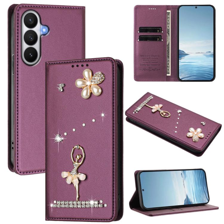 Ballet Girl Diamond Studded RFID Vegan Leather Phone Case, For Samsung Galaxy S26+ 5G, For Samsung Galaxy S26 Edge 5G, For Samsung Galaxy S26 Ultra 5G, For Samsung Galaxy S26 5G, For Samsung Galaxy S25 FE 5G, For Samsung Galaxy S25 Edge 5G