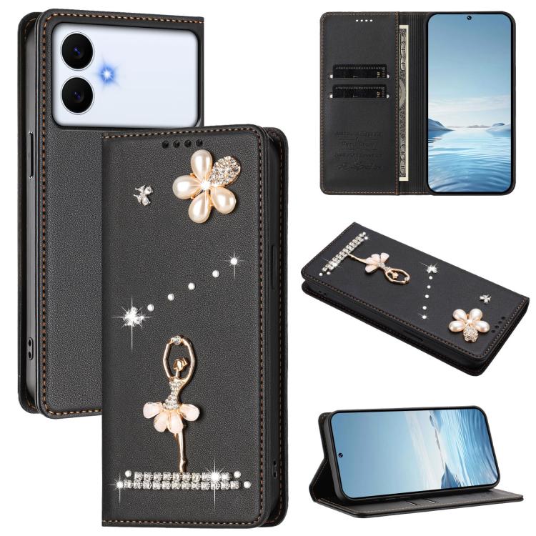 Ballet Girl Diamond Studded RFID Vegan Leather Phone Case, For Samsung Galaxy S26+ 5G, For Samsung Galaxy S26 Edge 5G, For Samsung Galaxy S26 Ultra 5G, For Samsung Galaxy S26 5G, For Samsung Galaxy S25 FE 5G, For Samsung Galaxy S25 Edge 5G