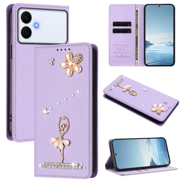 Ballet Girl Diamond Studded RFID Vegan Leather Phone Case, For Samsung Galaxy S26+ 5G, For Samsung Galaxy S26 Edge 5G, For Samsung Galaxy S26 Ultra 5G, For Samsung Galaxy S26 5G, For Samsung Galaxy S25 FE 5G, For Samsung Galaxy S25 Edge 5G