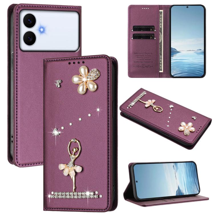 Ballet Girl Diamond Studded RFID Vegan Leather Phone Case, For Samsung Galaxy S26+ 5G, For Samsung Galaxy S26 Edge 5G, For Samsung Galaxy S26 Ultra 5G, For Samsung Galaxy S26 5G, For Samsung Galaxy S25 FE 5G, For Samsung Galaxy S25 Edge 5G