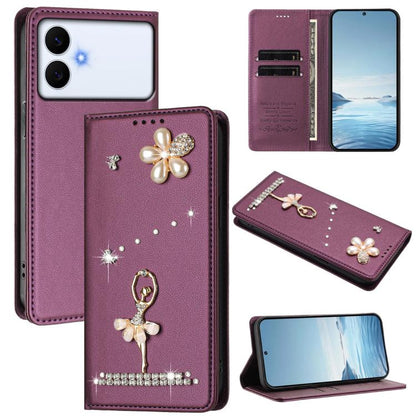 Ballet Girl Diamond Studded RFID Vegan Leather Phone Case, For Samsung Galaxy S26+ 5G, For Samsung Galaxy S26 Edge 5G, For Samsung Galaxy S26 Ultra 5G, For Samsung Galaxy S26 5G, For Samsung Galaxy S25 FE 5G, For Samsung Galaxy S25 Edge 5G