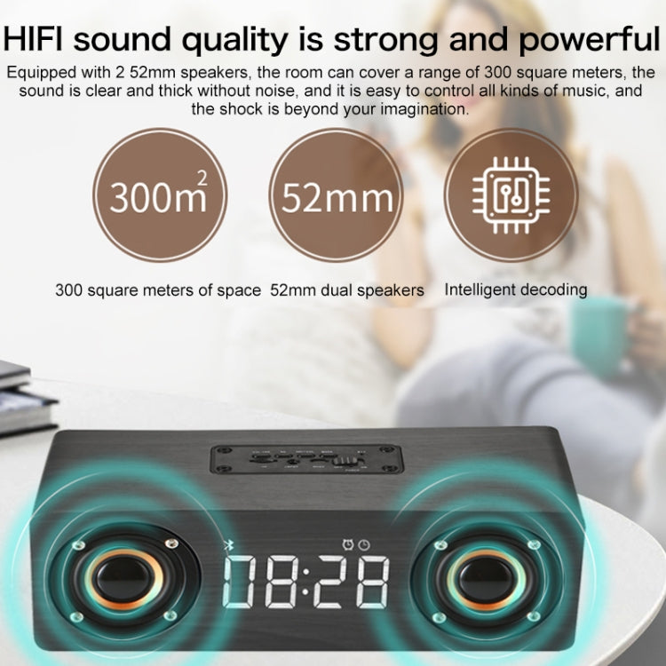 M5C Subwoofer Wooden Clock Bluetooth 4.2 Speaker, Support TF Card & 3.5mm AUX & FM Radio