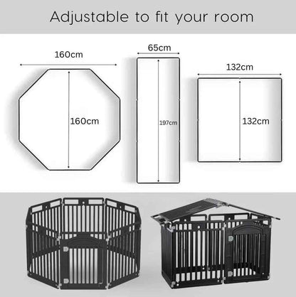 2 in 1 Pet House and
Adjustable Playpen with Roof Feature and Locking Door – BLACK