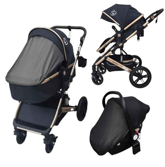 Preorder - Supra 3-in-1 Travel System – Stroller + Bassinet + Capsule Car Seat and Mattress, Food Tray - Black Gold