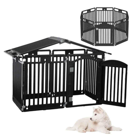 2 in 1 Pet House and
Adjustable Playpen with Roof Feature and Locking Door – BLACK