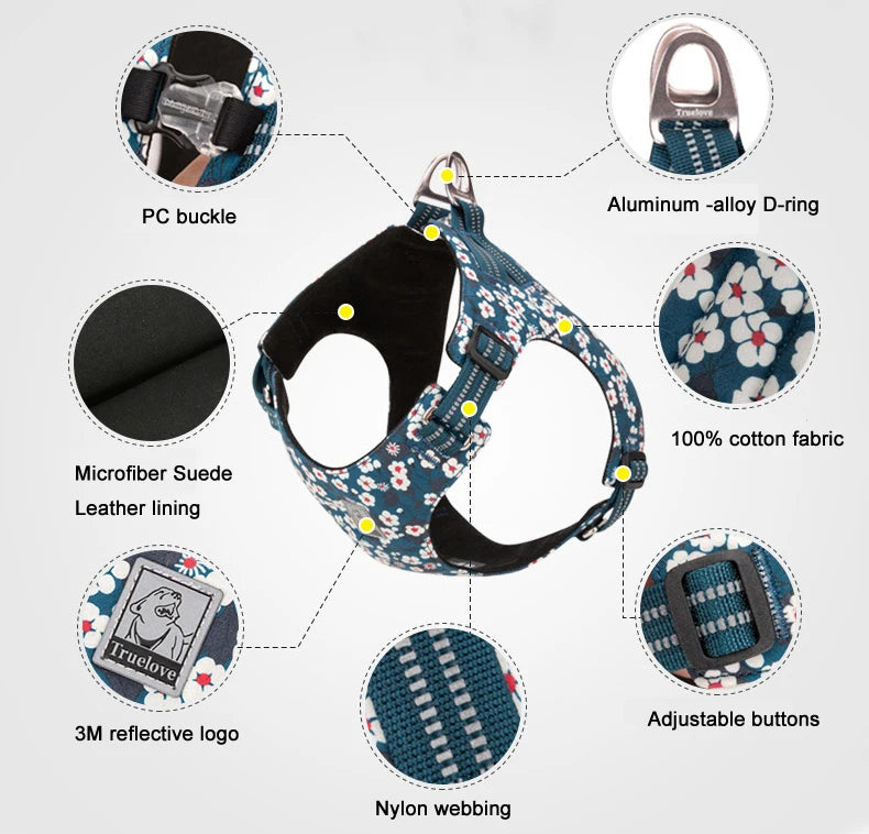 Truelove Pet Harness Floral Doggy Harness Dog Vest Type Dog Walking Chain Small Medium Puppy Cat Printed Cotton TLH1912