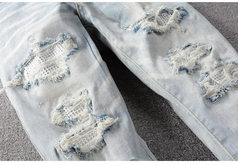 Men’s Light Blue Denim Ripped Patchwork Jeans - ShopHub