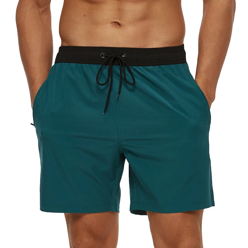 Datifer brand men's summer boardshorts with solid polyester fabric, breathable mesh liner, side pockets, ideal for gym and swimwear.