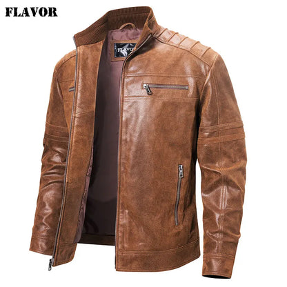 FLAVOR Men's Brown Leather Jacket – Stand-Collar Style