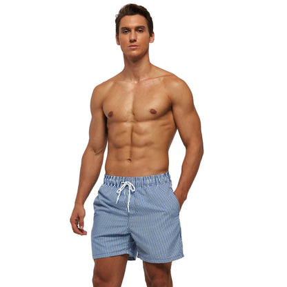 Men's summer swimming shorts by ShopHub NZ with polyester mesh liner, adjustable waist, printed design, and pockets for beach or gym.