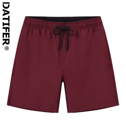 Men's Datifer Summer 2026 gym shorts with mesh liner, zipper pockets, quick-dry fabric, solid color, ideal for beach and swimming.