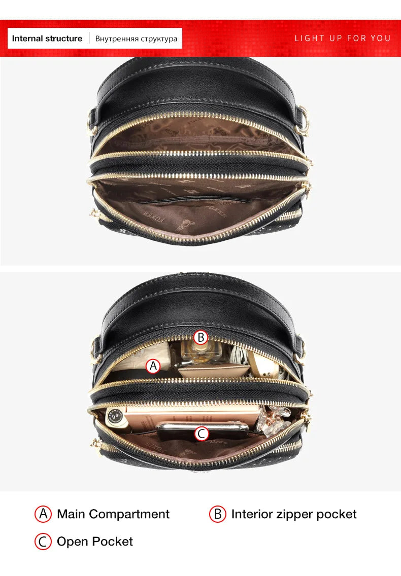 FOXER Glett Design Mini Female Backpack Split Leather Multilayer Space Women Shoulder Bag Fashion Handbag Best Festival Gift