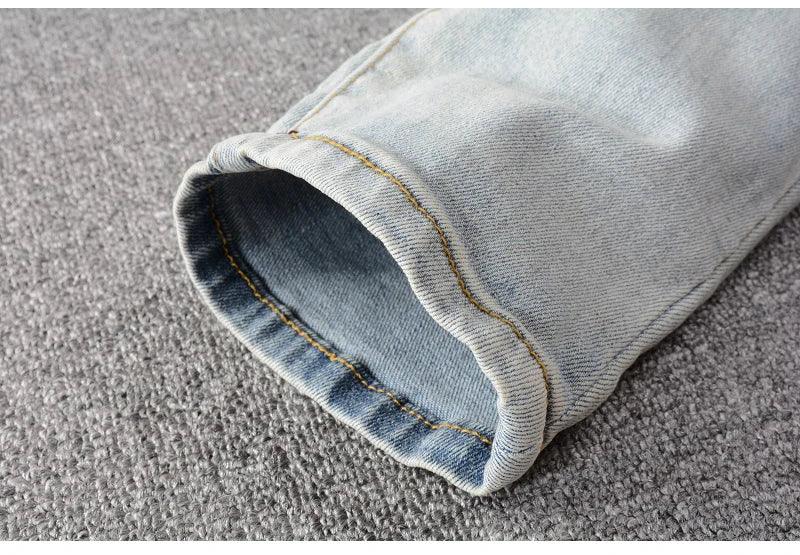 Men’s Light Blue Denim Ripped Patchwork Jeans - ShopHub