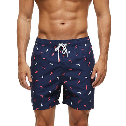 Men's summer boardshorts by ShopHub NZ featuring beach print, with pockets, ideal for surfing, swimming, and fitness activities.