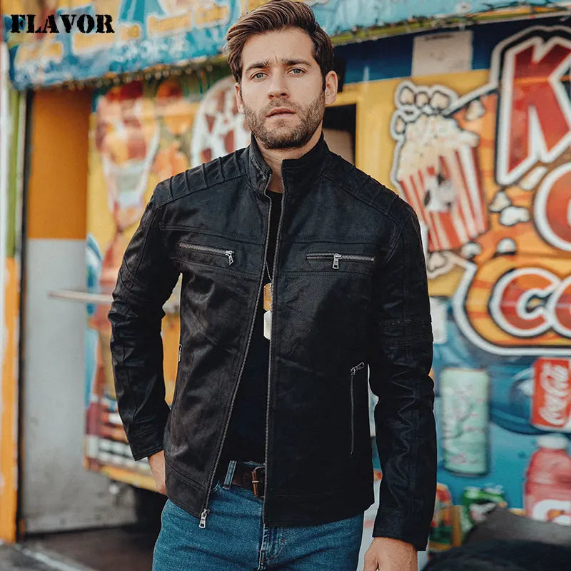 FLAVOR Men's Brown Leather Jacket – Stand-Collar Style
