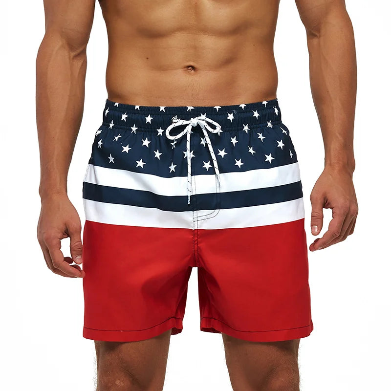 Men's polyester summer boardshorts with quick-dry fabric, vibrant print, mesh liner, suitable for beach surfing and gym activities.