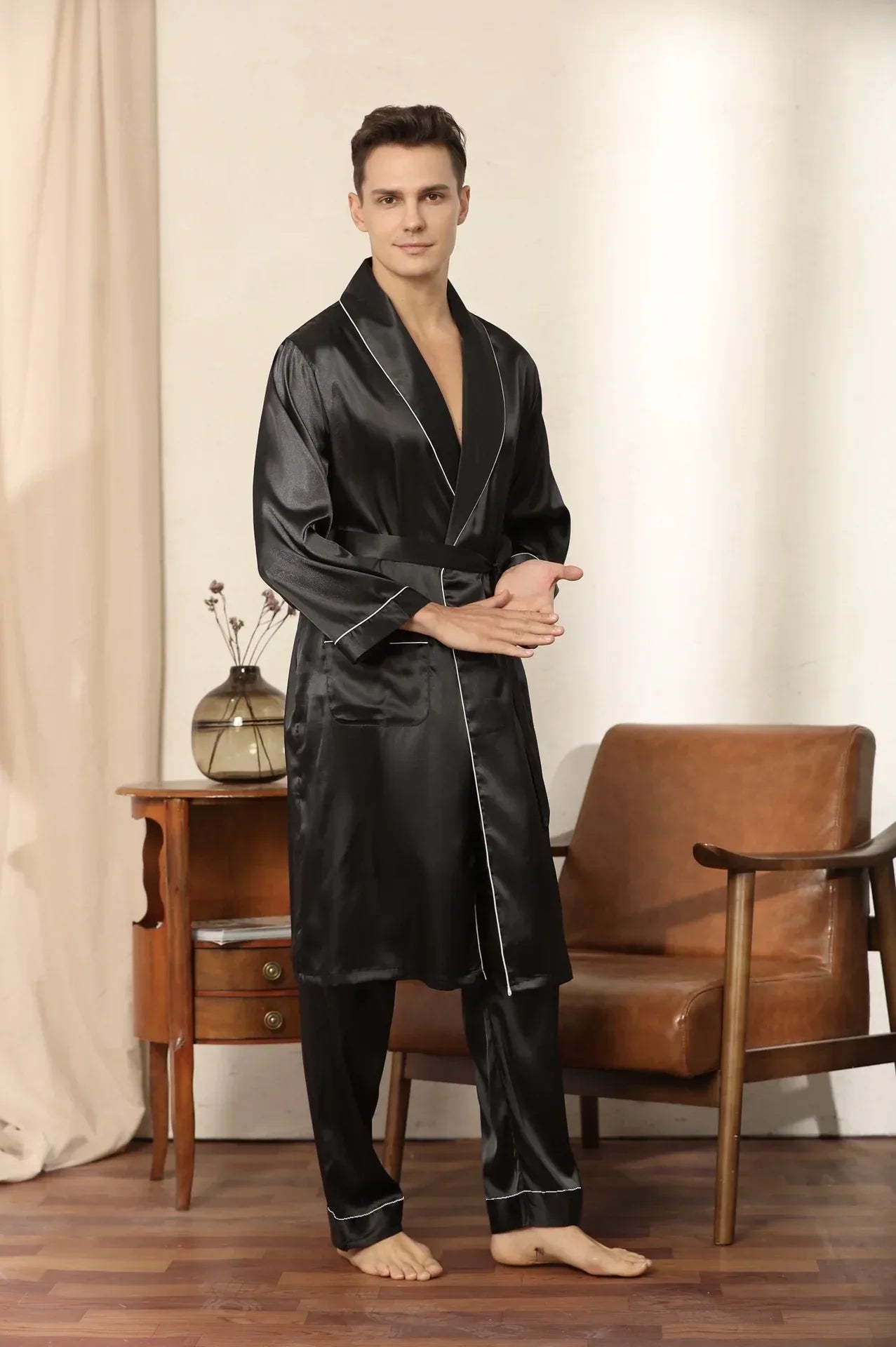 Men’s Satin Kimono Robe Gown With Pants Or Shorts - ShopHub