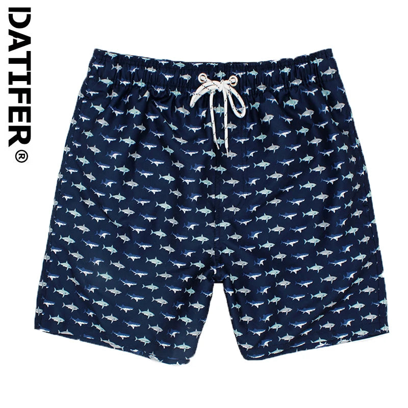 Men's summer swimming shorts with colorful print, polyester fabric, mesh liner, suitable for gym, running, and water sports.