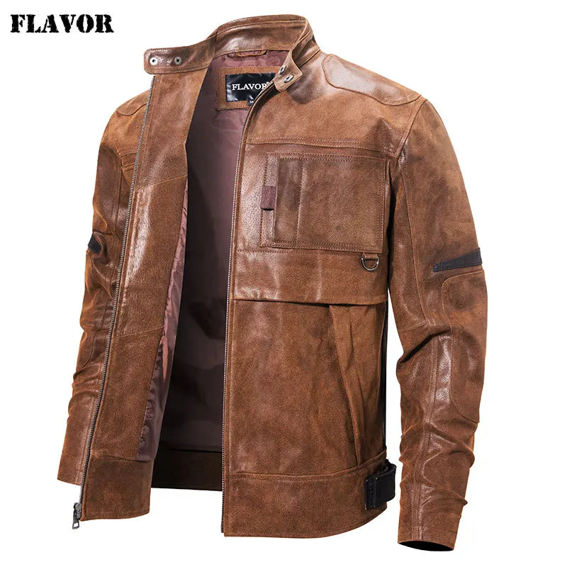FLAVOR Men's Brown Leather Biker-Style Jacket – Road Heritage